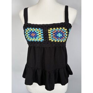 SO Crochet Granny Square Boho Babydoll Tank Top Multicolor Knit Size M